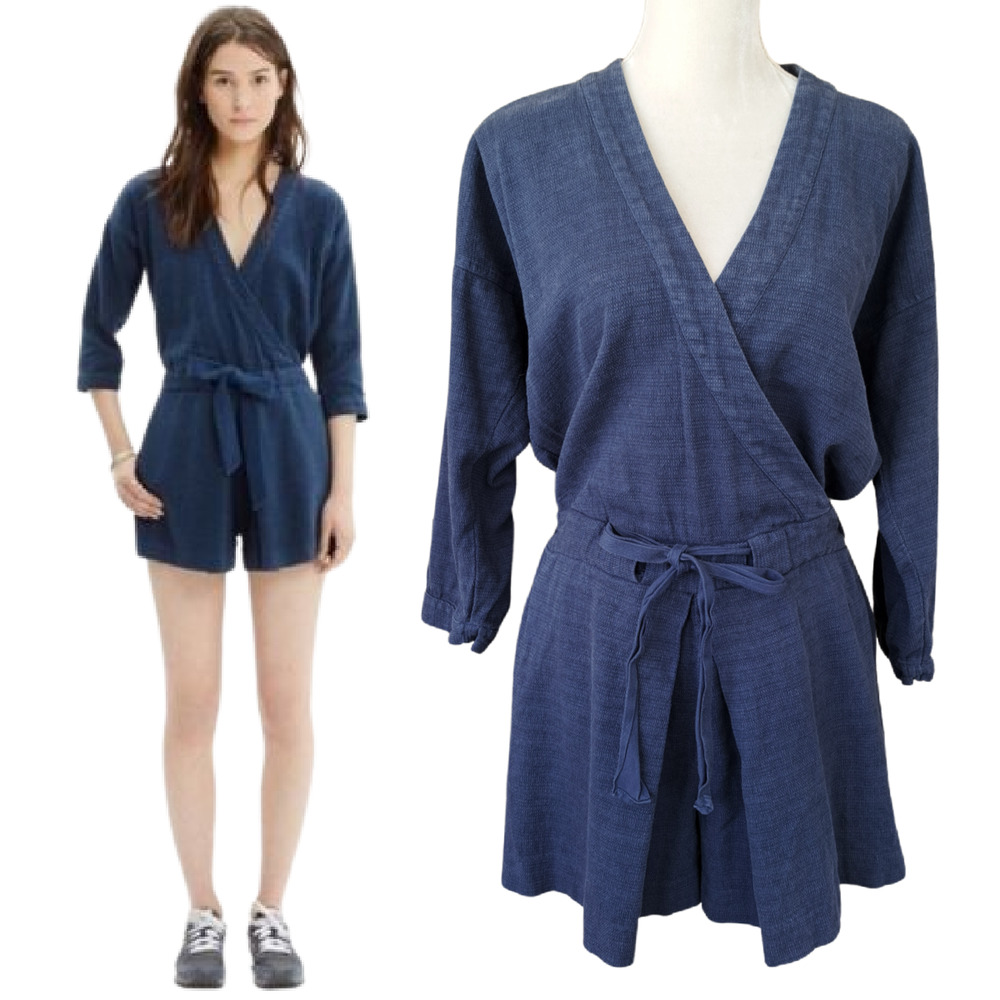 Madewell Blue Kimono Linen Blend Romper Size Medium